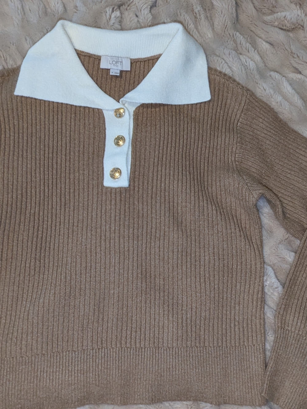 LOFT Camel Ribbed Polo Sweater with White Collar and Gold Buttons